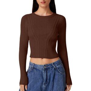Womens Cable Knit Crewneck Sweater Slim Fit Crop Long Sleeve Pullover